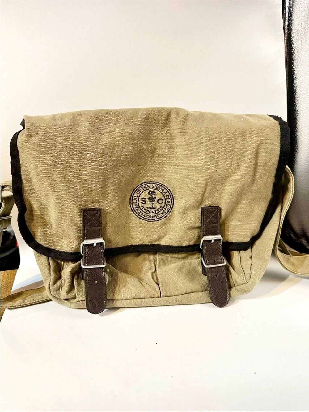 Vintage Sierra Club Khaki Canvas Messenger Shoulder Bag Leather Buckle Utility